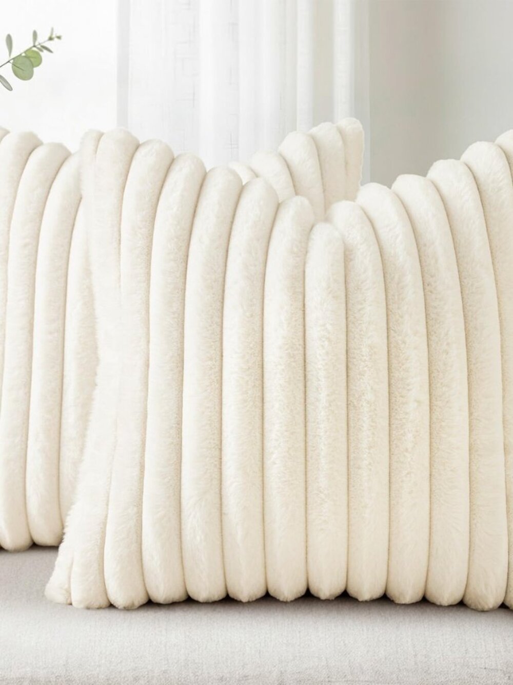 Faux Fur Striped Cream White Throw Pillow Covers 18x18 Set of 2